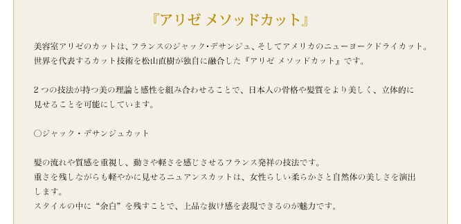 日本人の骨格・髪質を美しくデザインする
『アリゼ メソッドカット』